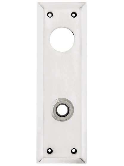 Forged Brass Exterior Door Plate With Cylinder Hole 8 inch x 2 1/2 inch in Polished Nickel.